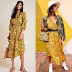 Anthropologie | Marigold yellow midi dress floral print